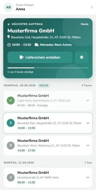 Fahrer-App am Handy: nächster Auftrag mit Adresse, Zeit und Fahrzeug